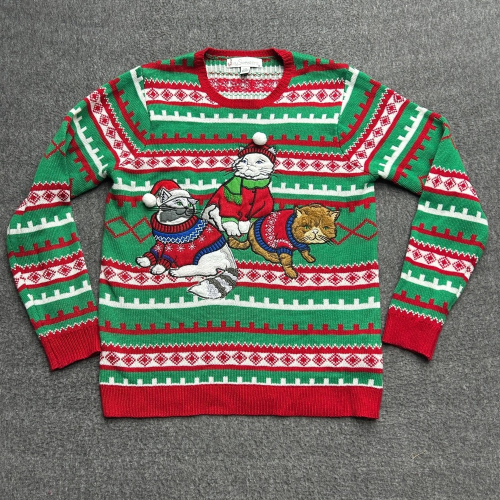 Jolly Sweaters Christmas Sweater Large Cats Crew‎ Neck Long Sleeve  Red Green